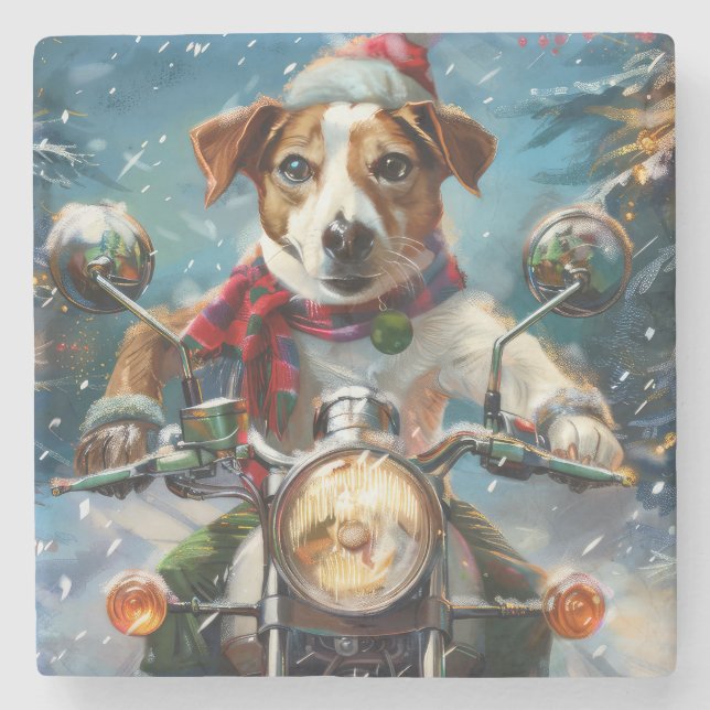 Jack Russell Dog Riding Motorcycle Christmas  Stone Coaster (Front)