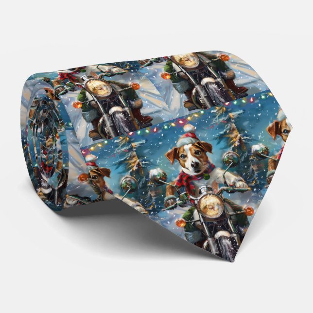 Jack Russell Dog Riding Motorcycle Christmas  Tie (Rolled)