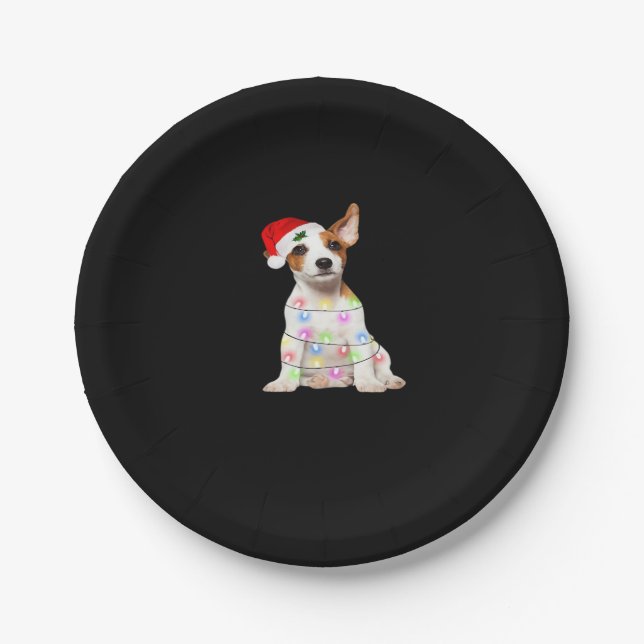 Jack Russell dog Santa Christmas Tree Lights Xmas  Paper Plate (Front)