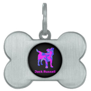 Jack Russell Dog Silhouette Hot Pink & Blue Pet Ta ID Tag