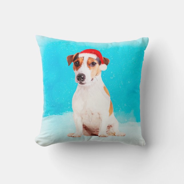 jack russell Dog Sitting in snow with Santa Hat Cushion (Front)
