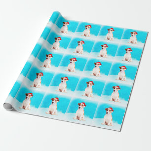 jack russell Dog Sitting in snow with Santa Hat Wrapping Paper