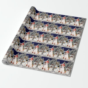 jack russell Dog Sitting in snow with Santa Hat Wrapping Paper