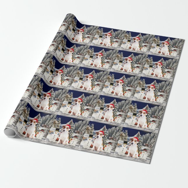 jack russell Dog Sitting in snow with Santa Hat Wrapping Paper (Unrolled)