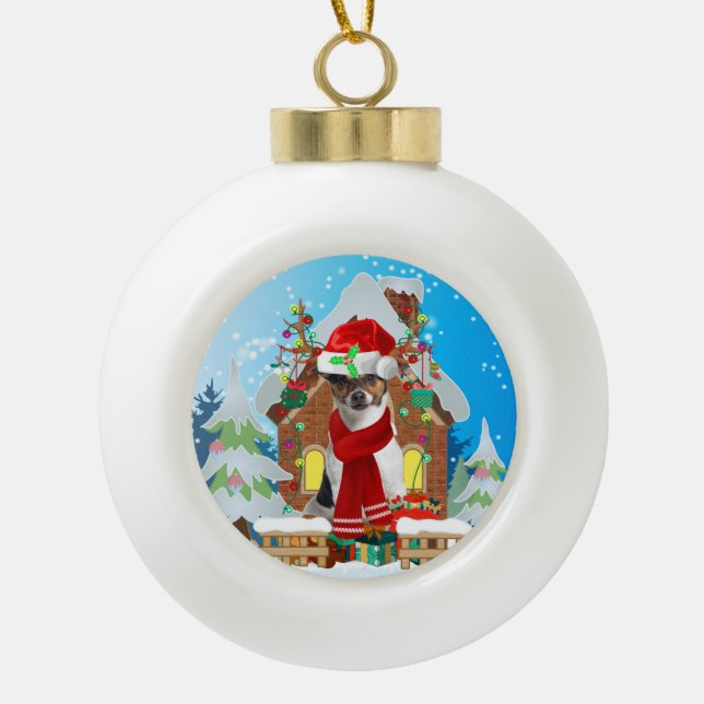 Jack Russell dog with Christmas gifts Ceramic Ball Christmas Ornament (Front)