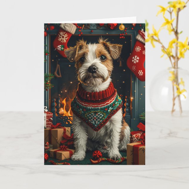 Jack Russell Dog With Christmas Gifts Fireplace Card (Yellow Flower)