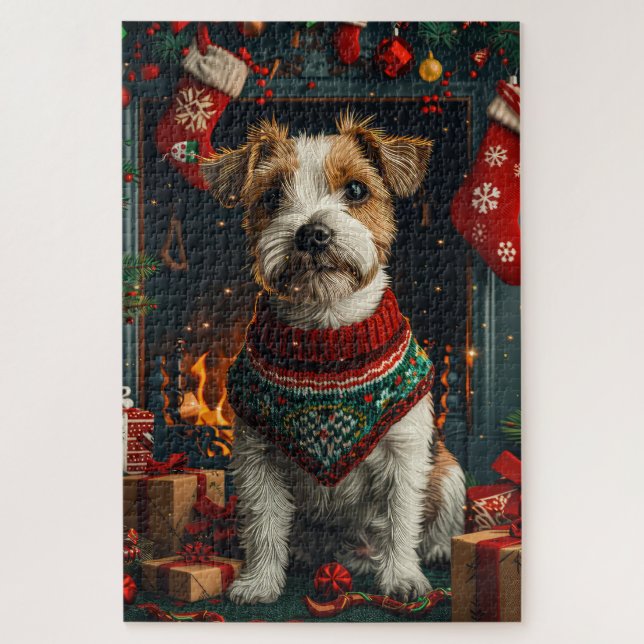 Jack Russell Dog With Christmas Gifts Fireplace Jigsaw Puzzle (Vertical)