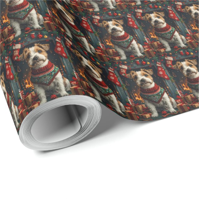 Jack Russell Dog With Christmas Gifts Fireplace Wrapping Paper (Roll Corner)
