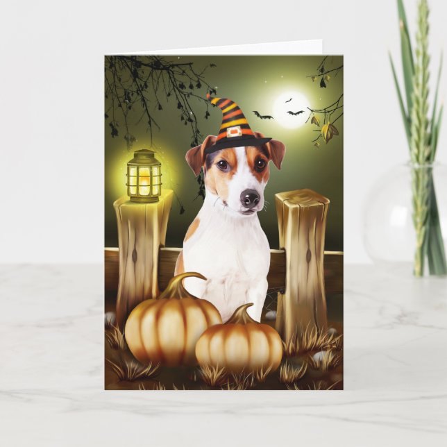 Jack Russell Dog with Witch Hat Halloween Gift Ide Card (Front)