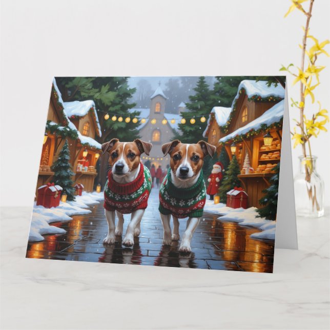 Jack Russell Dogs Christmas Snow Holiday Card (Yellow Flower)