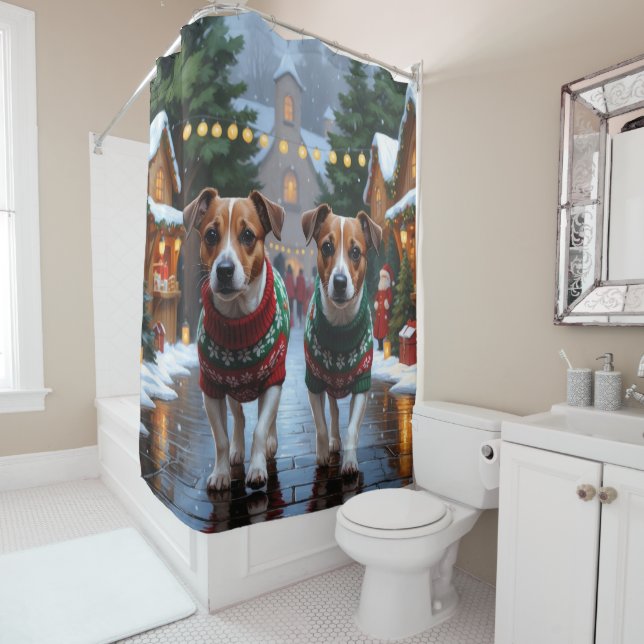 Jack Russell Dogs Christmas Snow Holiday Shower Curtain (In Situ)