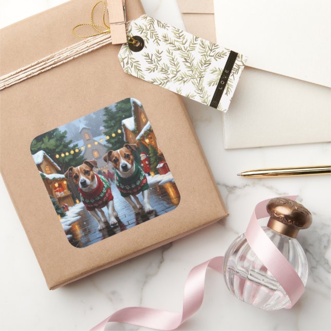 Jack Russell Dogs Christmas Snow Holiday Square Sticker (Gifting)