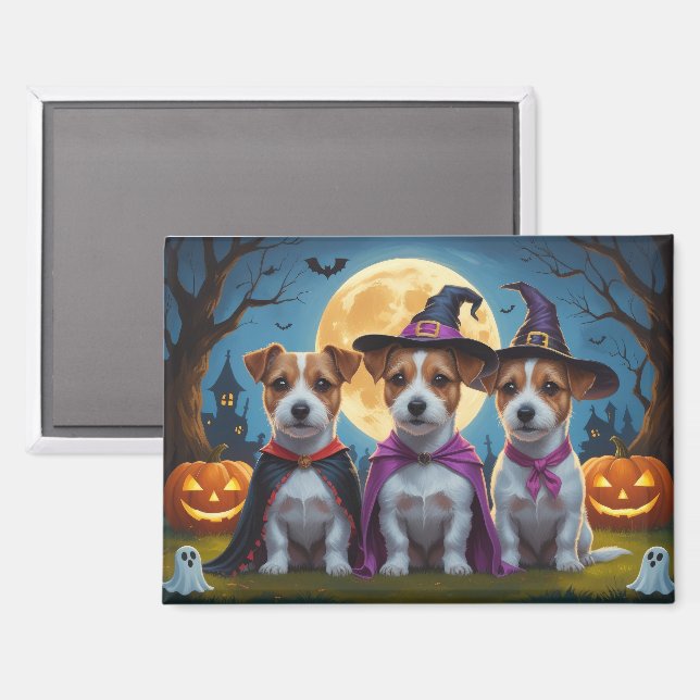 Jack Russell Dogs Pumpkin Halloween Funny Magnet (Front/Back)