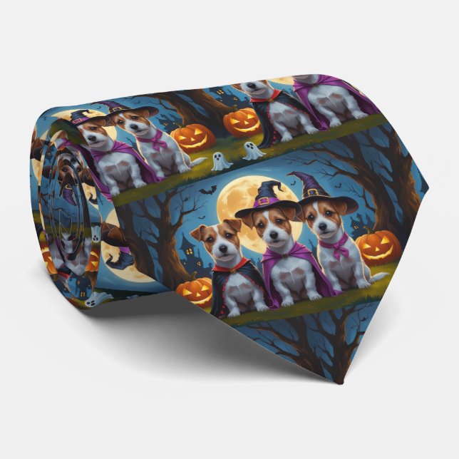 Jack Russell Dogs Pumpkin Halloween Funny Tie (Rolled)