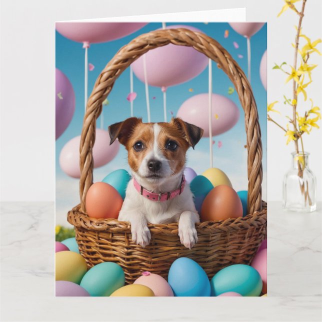 Jack Russell Easter Eggs Card (Yellow Flower)