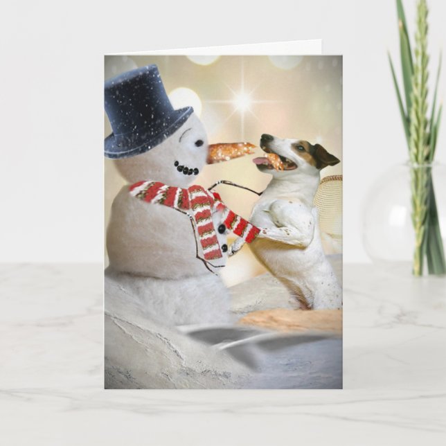 Jack Russell Eats Snowman's Nose Holiday Card (Front)