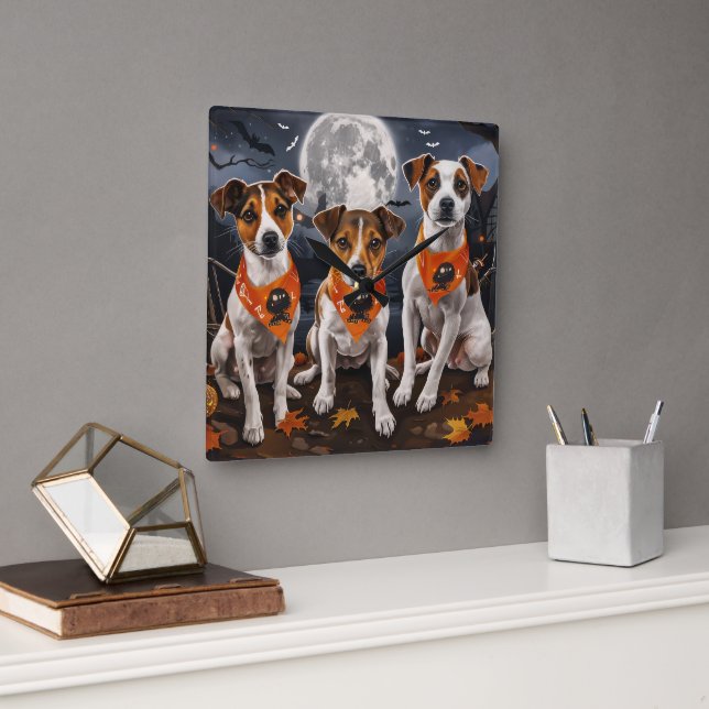 Jack Russell Halloween Spooky Square Wall Clock (Office)