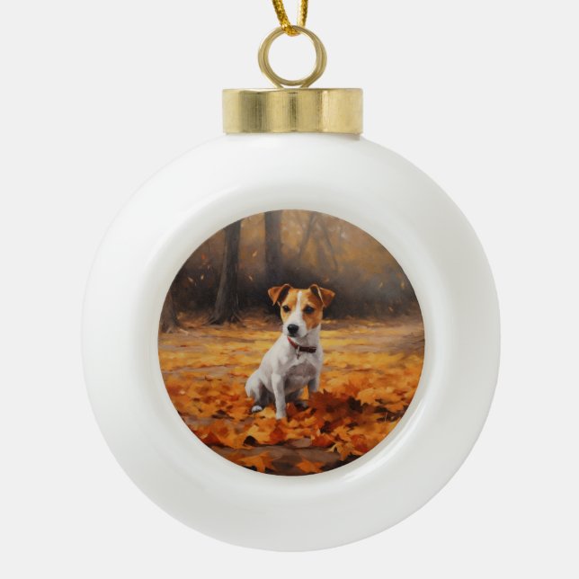 Jack Russell in Autumn Leaves Fall Inspire Ceramic Ball Christmas Ornament (Front)