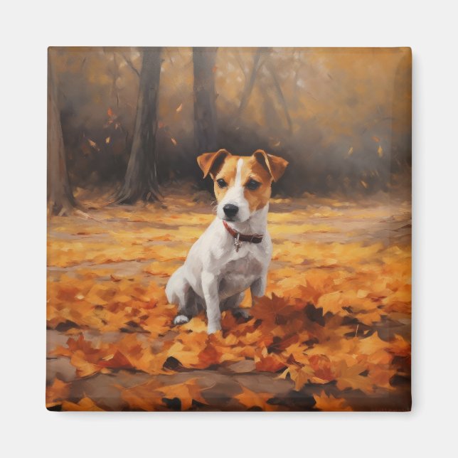 Jack Russell in Autumn Leaves Fall Inspire Magnet (Front)