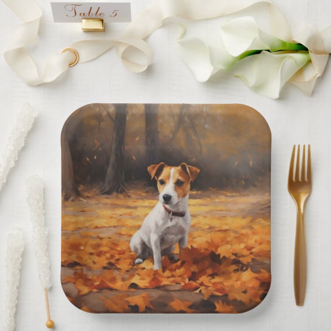 Jack Russell in Autumn Leaves Fall Inspire Paper Plate (Wedding)