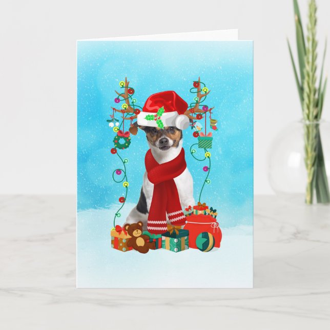 Jack Russell in snow with Christmas gifts Card (Front)