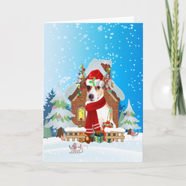 Jack Russell in snow with Christmas gifts Card (Front)