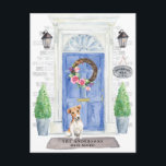 Jack Russell Moving Announcement Postcard<br><div class="desc">Announce your new address with our stylish announcement featuring a Jack Russell,  blue front door,  welcome mat,  slate sign,  topiaries and a floral wreath set on a grey brick background.</div>