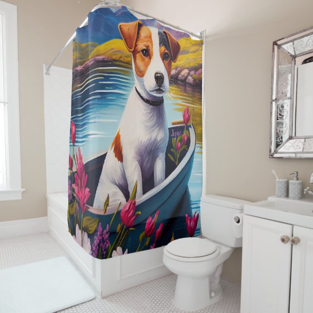 Jack Russell on a Paddle: A Scenic Adventure Shower Curtain (In Situ)