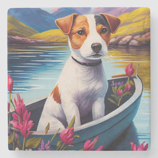 Jack Russell on a Paddle: A Scenic Adventure Stone Coaster (Front)