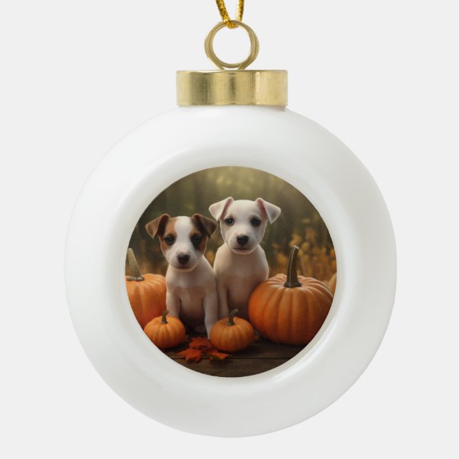 Jack Russell Puppy Autumn Delight Pumpkin  Ceramic Ball Christmas Ornament (Front)