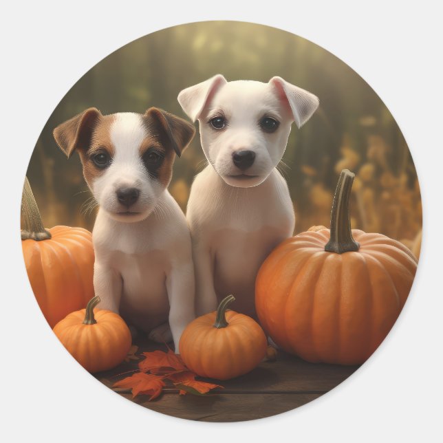 Jack Russell Puppy Autumn Delight Pumpkin  Classic Round Sticker (Front)