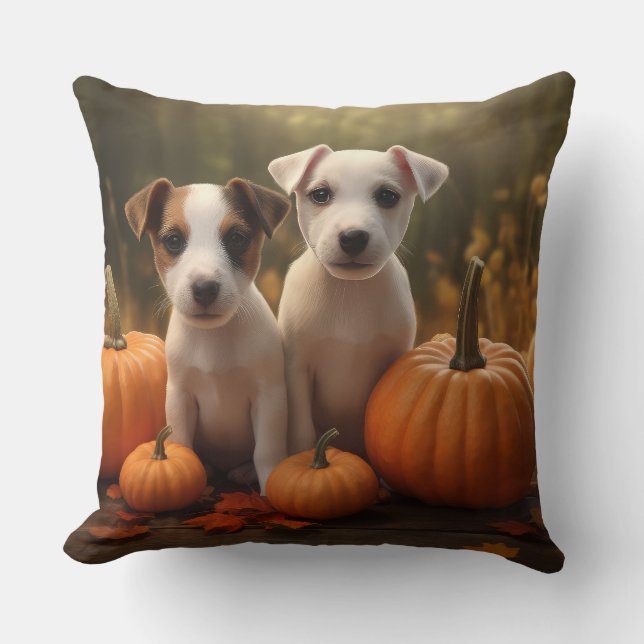Jack Russell Puppy Autumn Delight Pumpkin  Cushion (Front)