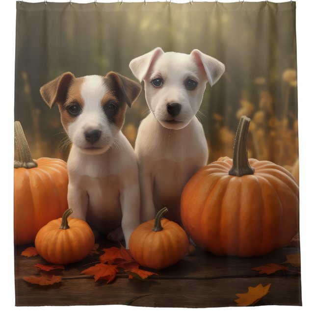 Jack Russell Puppy Autumn Delight Pumpkin  Shower Curtain (Front)