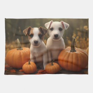 Jack Russell Puppy Autumn Delight Pumpkin  Tea Towel