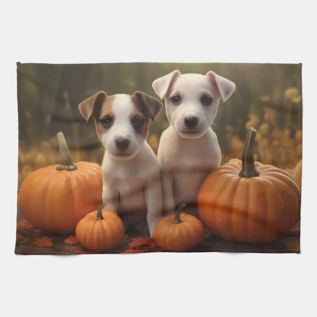 Jack Russell Puppy Autumn Delight Pumpkin  Tea Towel (Horizontal)