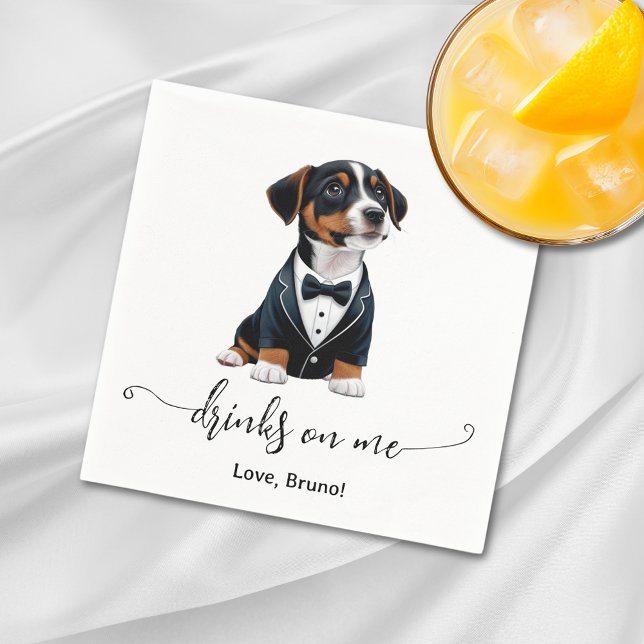 Jack Russell Puppy Drinks On Me Wedding Napkin (Jack Russell Puppy Drinks On Me Wedding Napkins)