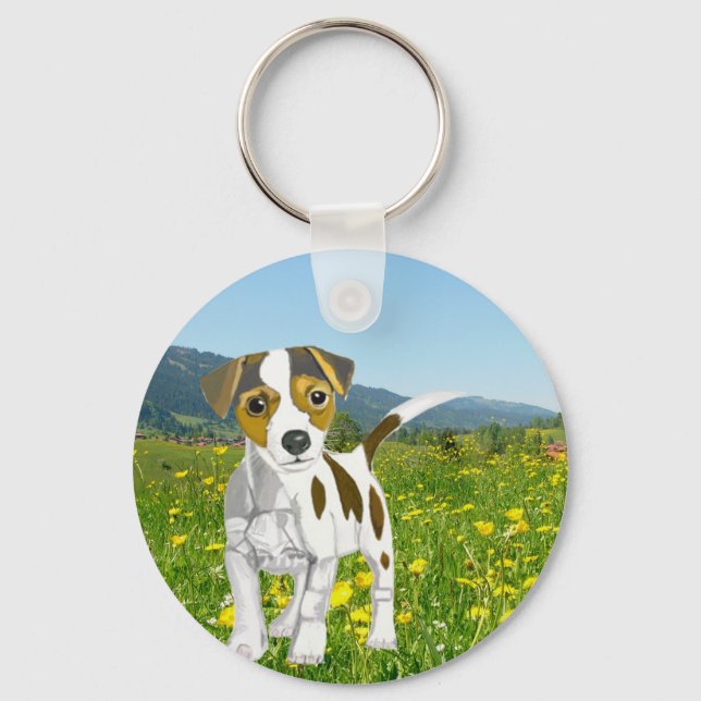 Jack Russell puppy in a Flower Meadow  Key Ring (Front)