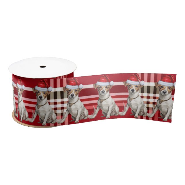 Jack Russell Red Holiday Plaid Funny Dog Christmas Satin Ribbon (Spool)