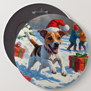 Jack Russell Running in Snow with Christmas Hat 6 Cm Round Badge