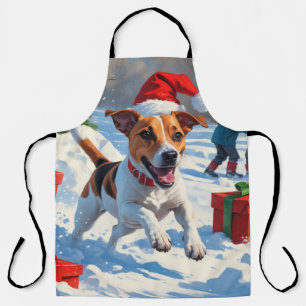Jack Russell Running in Snow with Christmas Hat Apron