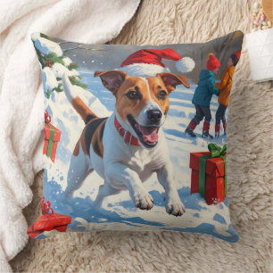 Jack Russell Running in Snow with Christmas Hat Cushion
