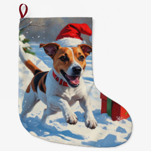 Jack Russell Running in Snow with Christmas Hat Large Christmas Stocking