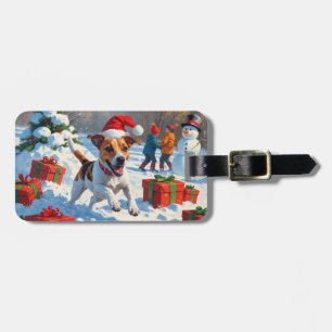 Jack Russell Running in Snow with Christmas Hat Luggage Tag
