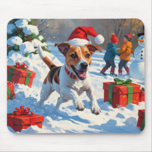 Jack Russell Running in Snow with Christmas Hat Mouse Mat