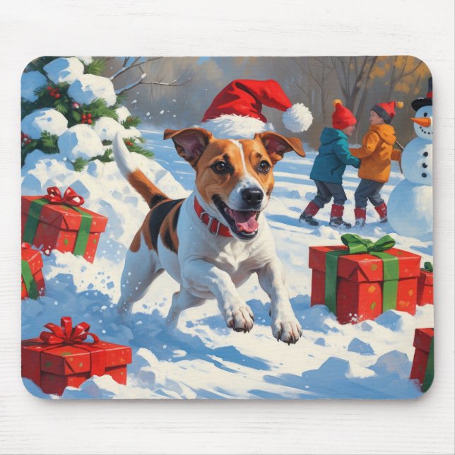 Jack Russell Running in Snow with Christmas Hat Mouse Mat (Front)