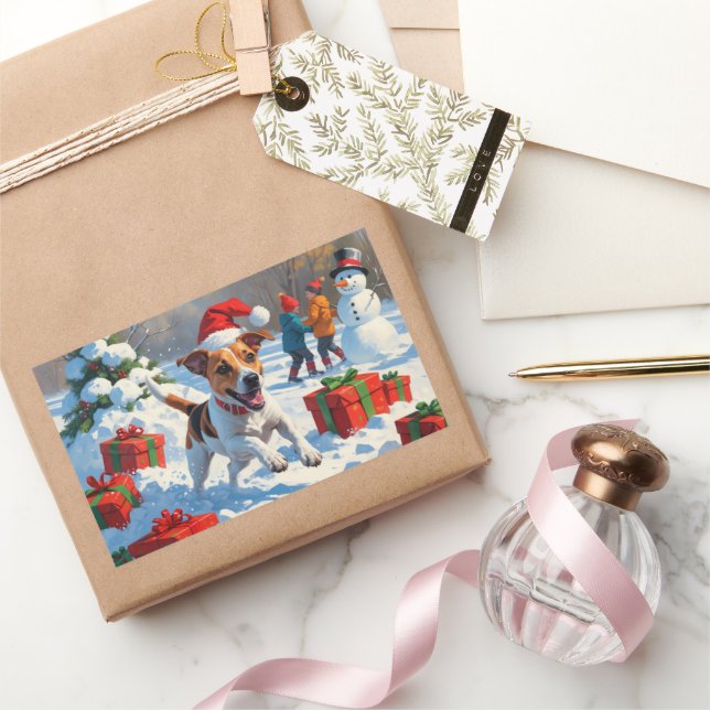 Jack Russell Running in Snow with Christmas Hat Rectangular Sticker (Gifting)