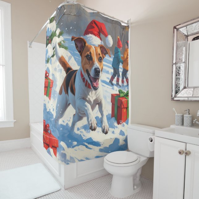 Jack Russell Running in Snow with Christmas Hat Shower Curtain (In Situ)