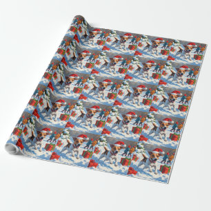 Jack Russell Running in Snow with Christmas Hat Wrapping Paper