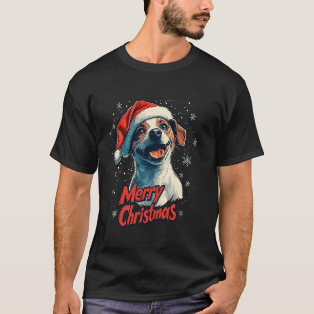 Jack Russell Santa Hat Merry Christmas Xmas Dog Lo T-Shirt (Front)