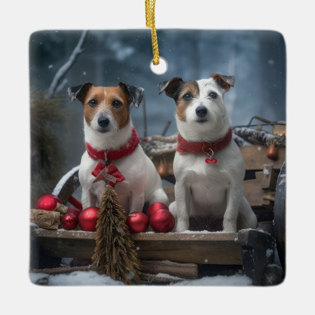 Jack Russell Snowy Sleigh Christmas Decor  Ceramic Ornament (Front)